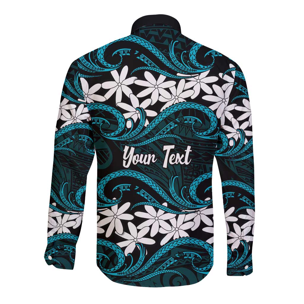 Personalised Cook Islands Penrhyn Atoll Long Sleeve Button Shirt Tiare Maori Polynesian Waves Tattoo