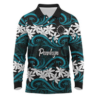Personalised Cook Islands Penrhyn Atoll Long Sleeve Polo Shirt Tiare Maori Polynesian Waves Tattoo LT14 Blue - Polynesian Pride