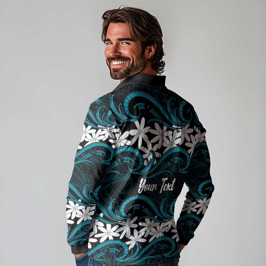 Personalised Cook Islands Penrhyn Atoll Long Sleeve Polo Shirt Tiare Maori Polynesian Waves Tattoo LT14 - Polynesian Pride