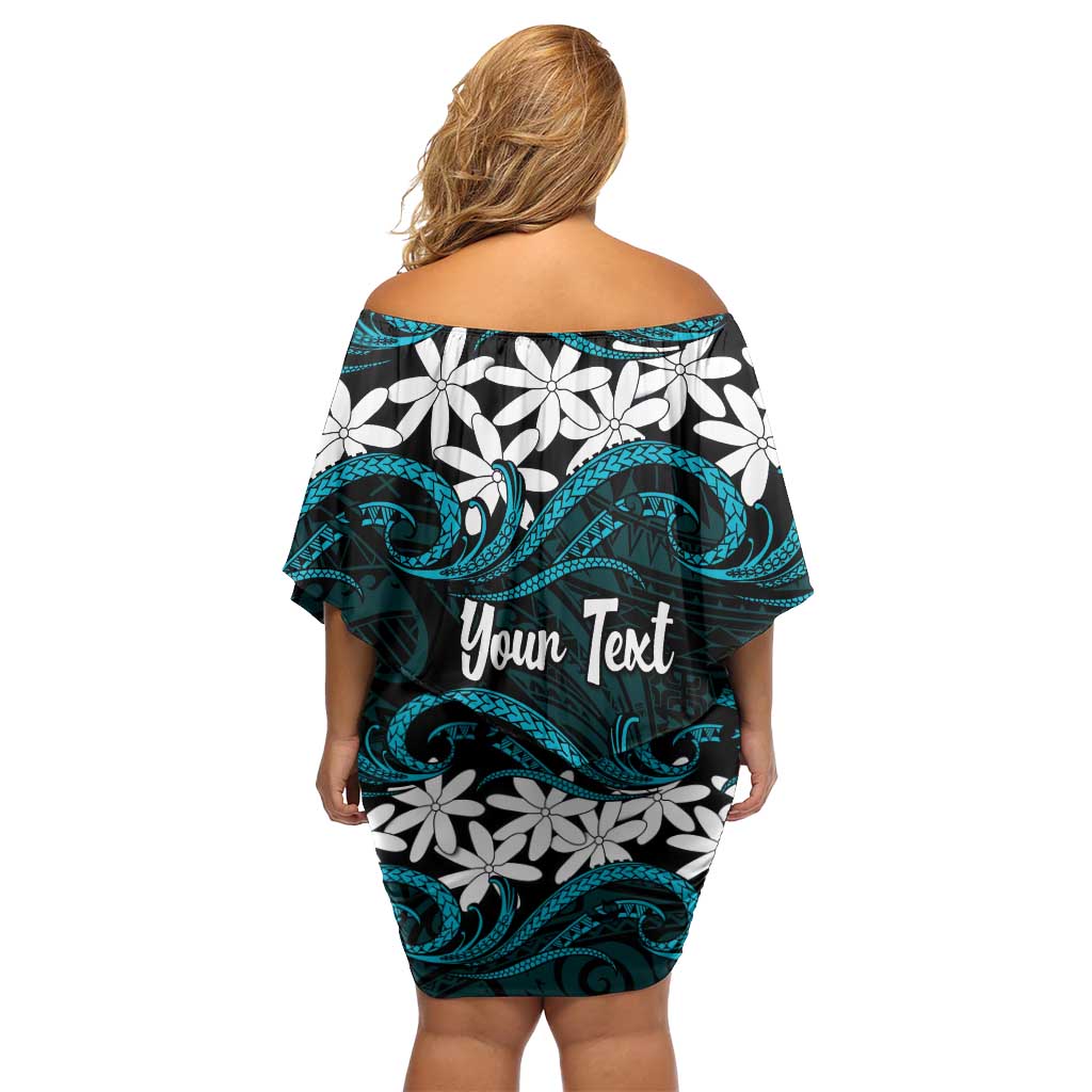 Personalised Cook Islands Penrhyn Atoll Off Shoulder Short Dress Tiare Maori Polynesian Waves Tattoo LT14 - Polynesian Pride