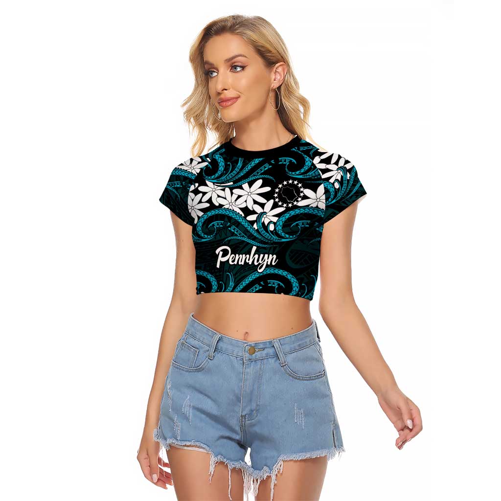Personalised Cook Islands Penrhyn Atoll Raglan Cropped T Shirt Tiare Maori Polynesian Waves Tattoo LT14 Female Blue - Polynesian Pride