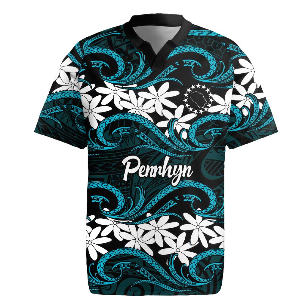 Personalised Cook Islands Penrhyn Atoll Rugby Jersey Tiare Maori Polynesian Waves Tattoo LT14 Blue - Polynesian Pride