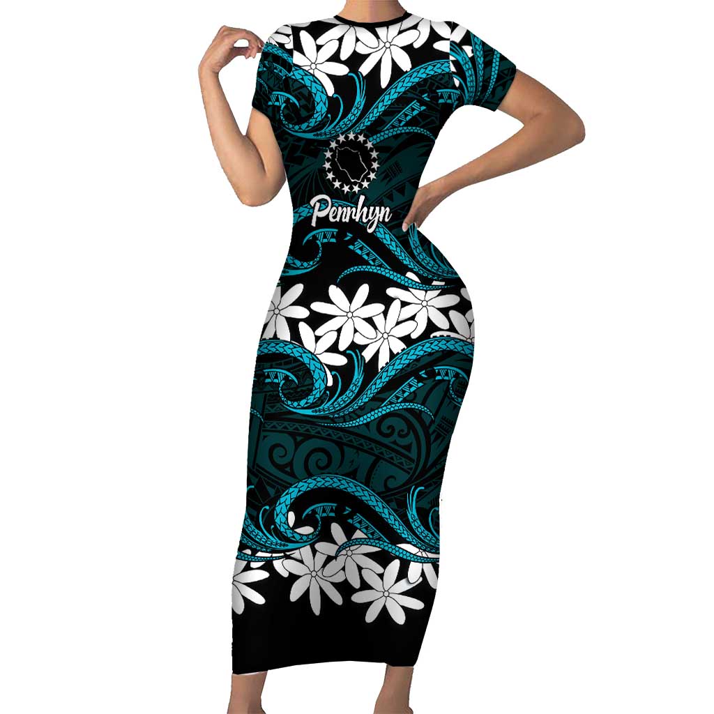 Personalised Cook Islands Penrhyn Atoll Short Sleeve Bodycon Dress Tiare Maori Polynesian Waves Tattoo LT14 Long Dress Blue - Polynesian Pride