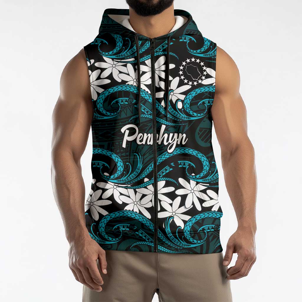 Personalised Cook Islands Penrhyn Atoll Sleeveless Zip Hoodie Tiare Maori Polynesian Waves Tattoo LT14 - Polynesian Pride