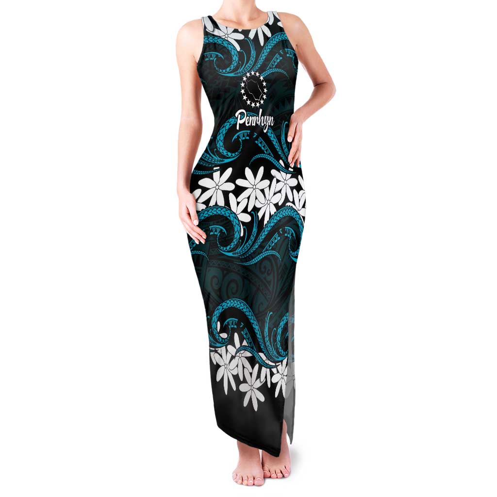 Personalised Cook Islands Penrhyn Atoll Tank Maxi Dress Tiare Maori Polynesian Waves Tattoo LT14 Women Blue - Polynesian Pride