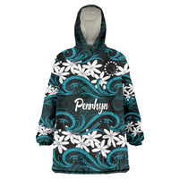 Personalised Cook Islands Penrhyn Atoll Wearable Blanket Hoodie Tiare Maori Polynesian Waves Tattoo LT14 One Size Blue - Polynesian Pride