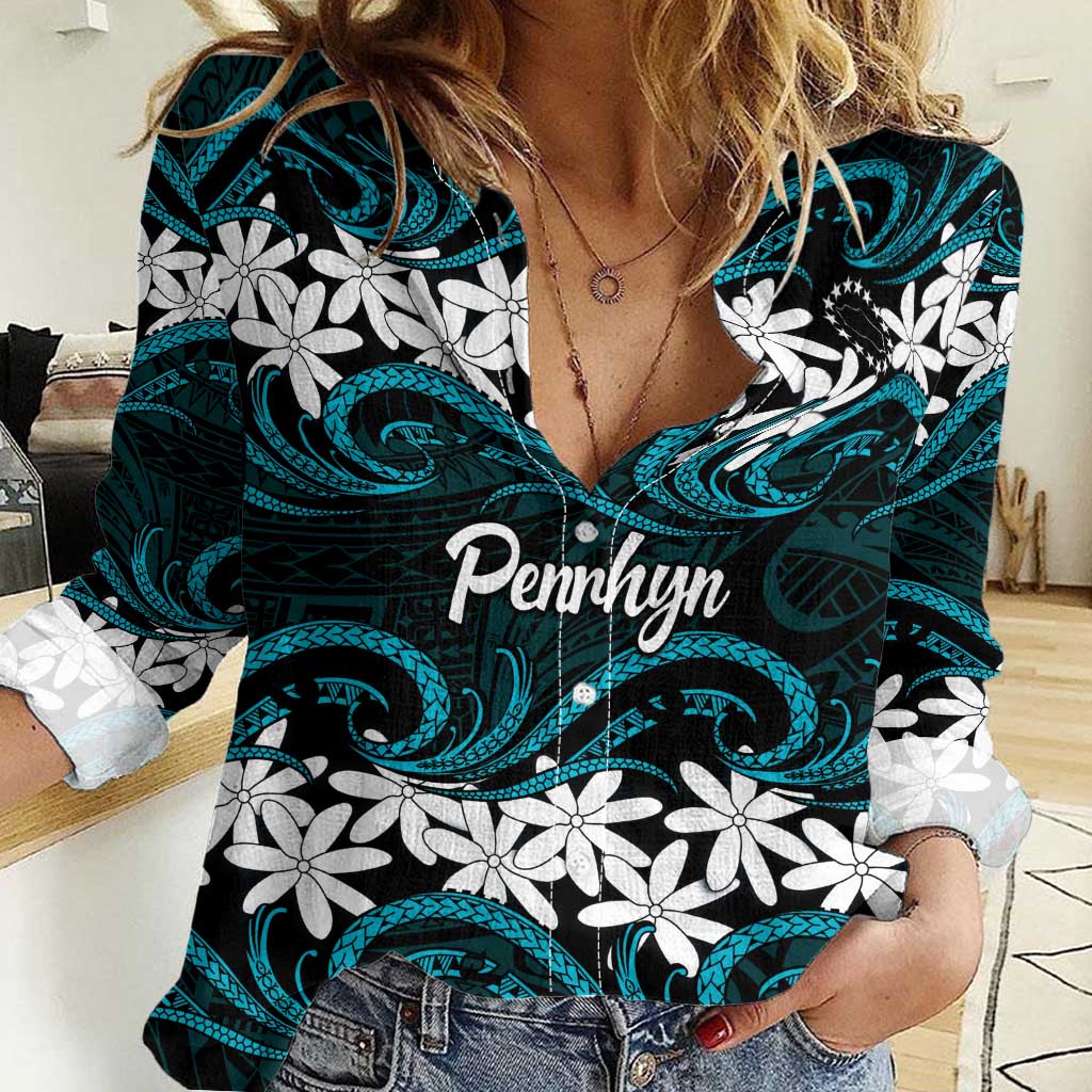 Personalised Cook Islands Penrhyn Atoll Women Casual Shirt Tiare Maori Polynesian Waves Tattoo