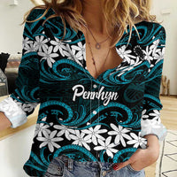 Personalised Cook Islands Penrhyn Atoll Women Casual Shirt Tiare Maori Polynesian Waves Tattoo LT14 Female Blue - Polynesian Pride