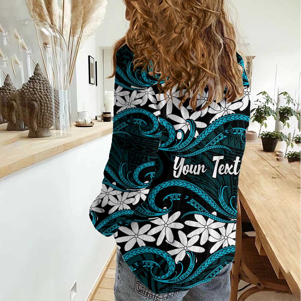Personalised Cook Islands Penrhyn Atoll Women Casual Shirt Tiare Maori Polynesian Waves Tattoo LT14 - Polynesian Pride