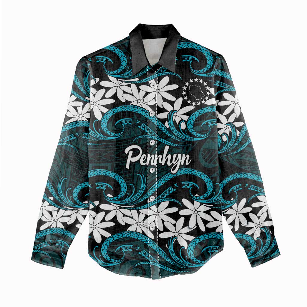 Personalised Cook Islands Penrhyn Atoll Women Casual Shirt Tiare Maori Polynesian Waves Tattoo LT14 - Polynesian Pride