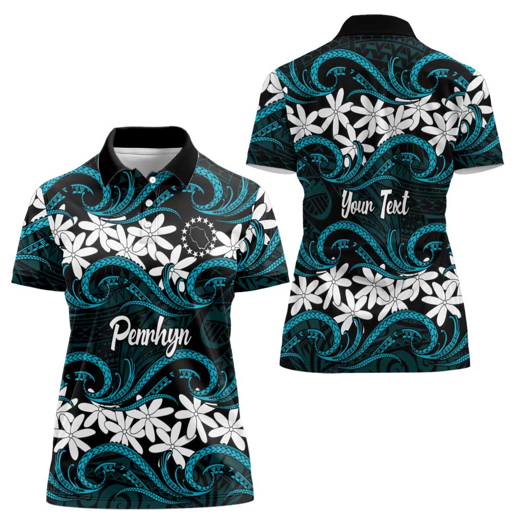 Personalised Cook Islands Penrhyn Atoll Women Polo Shirt Tiare Maori Polynesian Waves Tattoo LT14 - Polynesian Pride