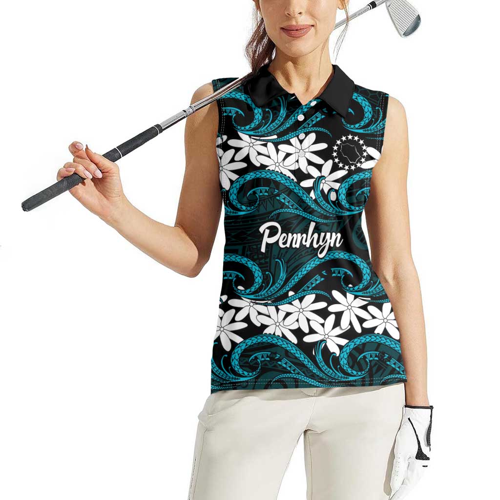Personalised Cook Islands Penrhyn Atoll Women Sleeveless Polo Shirt Tiare Maori Polynesian Waves Tattoo