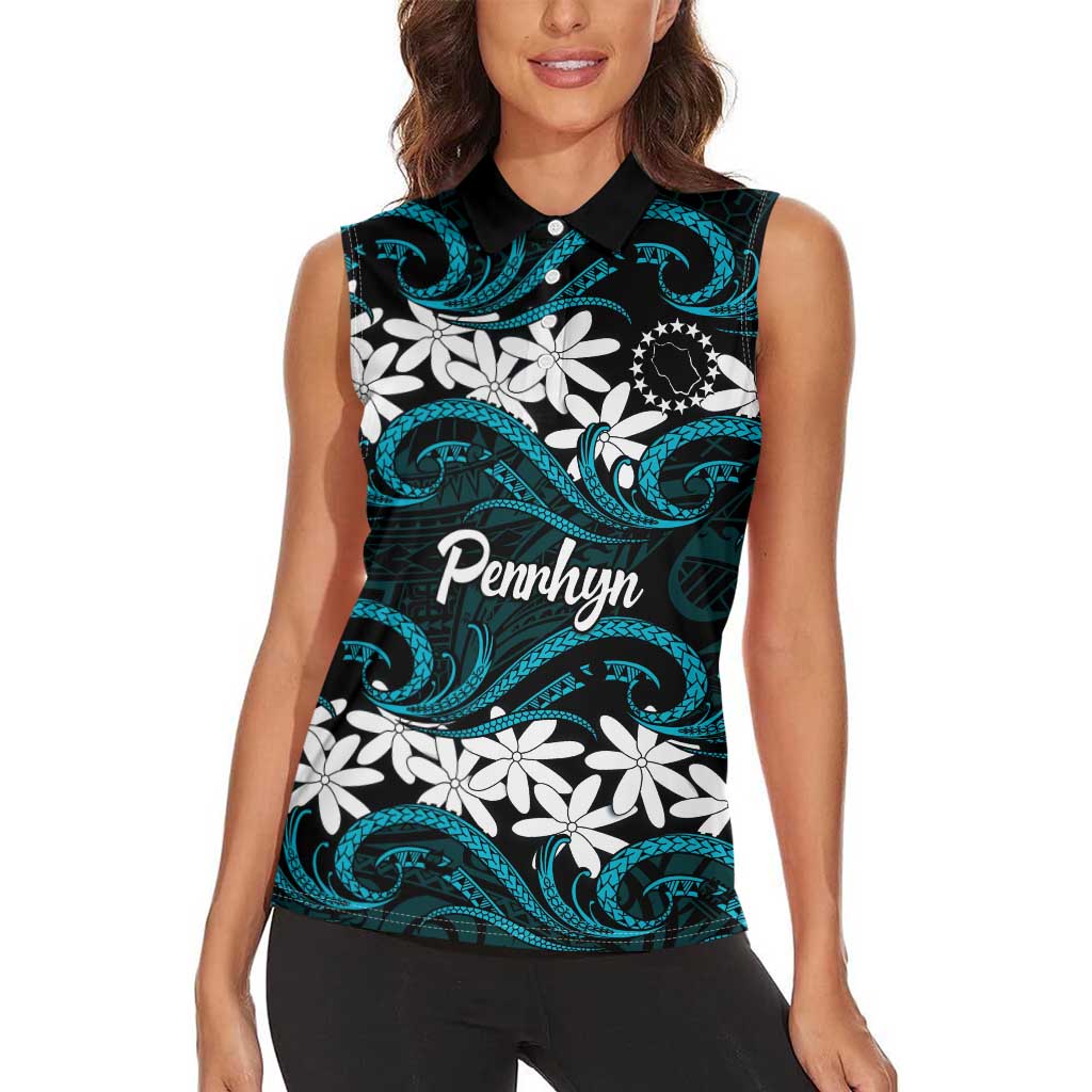 Personalised Cook Islands Penrhyn Atoll Women Sleeveless Polo Shirt Tiare Maori Polynesian Waves Tattoo