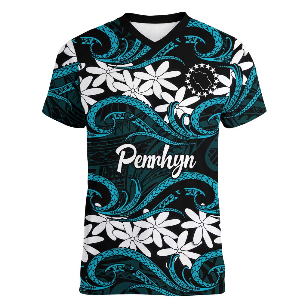 Personalised Cook Islands Penrhyn Atoll Women V-Neck T-Shirt Tiare Maori Polynesian Waves Tattoo LT14 Female Blue - Polynesian Pride