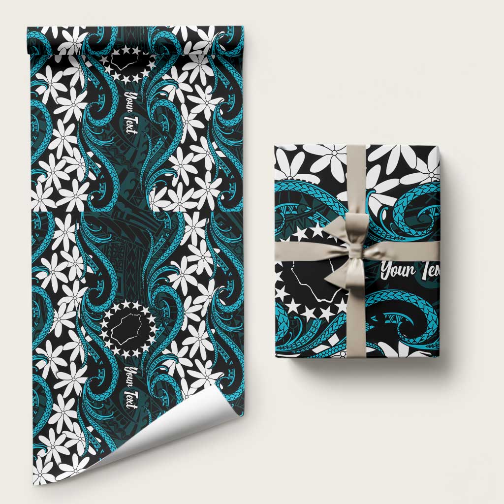 Personalised Cook Islands Penrhyn Atoll Wrapping Paper Tiare Maori Polynesian Waves Tattoo LT14 58" × 23" Blue - Polynesian Pride