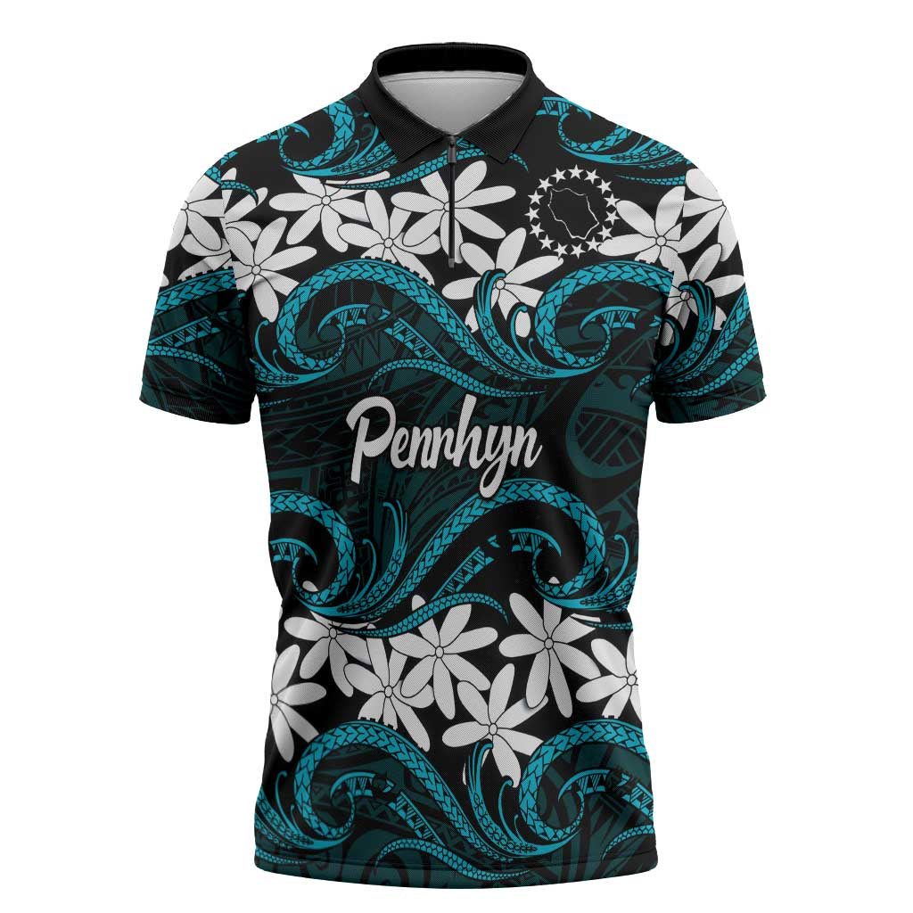 Personalised Cook Islands Penrhyn Atoll Zipper Polo Shirt Tiare Maori Polynesian Waves Tattoo LT14 Blue - Polynesian Pride