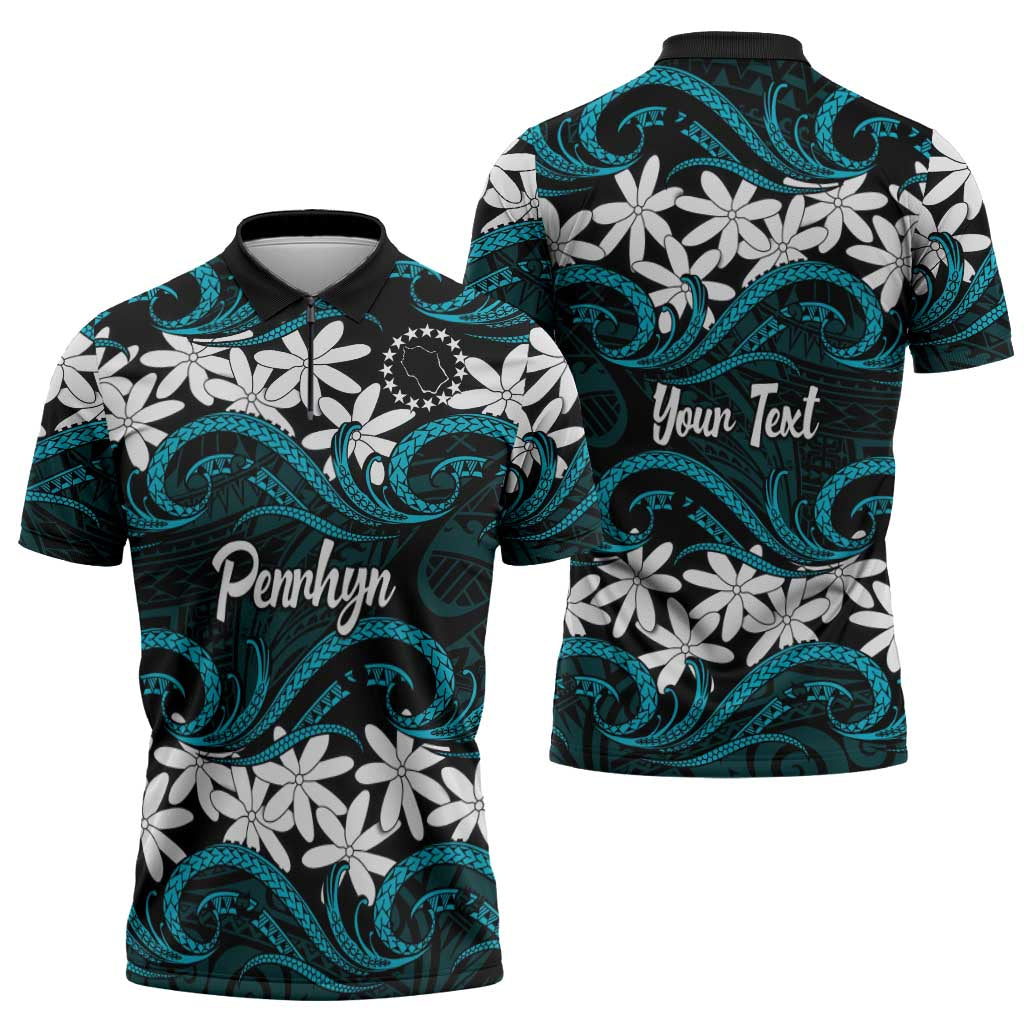 Personalised Cook Islands Penrhyn Atoll Zipper Polo Shirt Tiare Maori Polynesian Waves Tattoo LT14 - Polynesian Pride