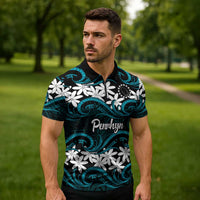 Personalised Cook Islands Penrhyn Atoll Zipper Polo Shirt Tiare Maori Polynesian Waves Tattoo LT14 - Polynesian Pride