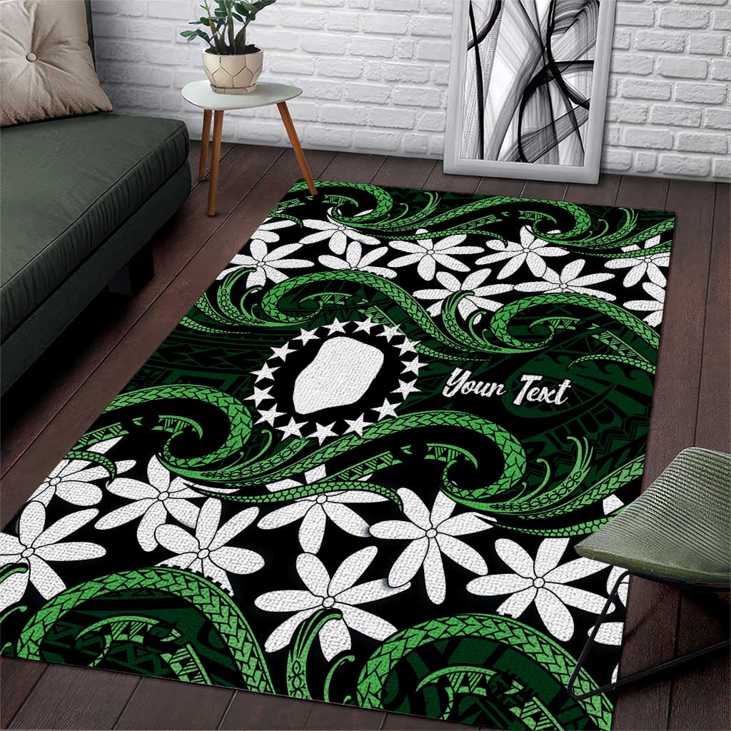 Personalised Cook Islands Mitiaro Area Rug Tiare Maori Polynesian Waves Tattoo LT14 Green - Polynesian Pride