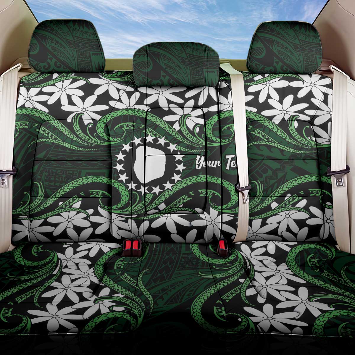 Personalised Cook Islands Mitiaro Back Car Seat Cover Tiare Maori Polynesian Waves Tattoo LT14 One Size Green - Polynesian Pride