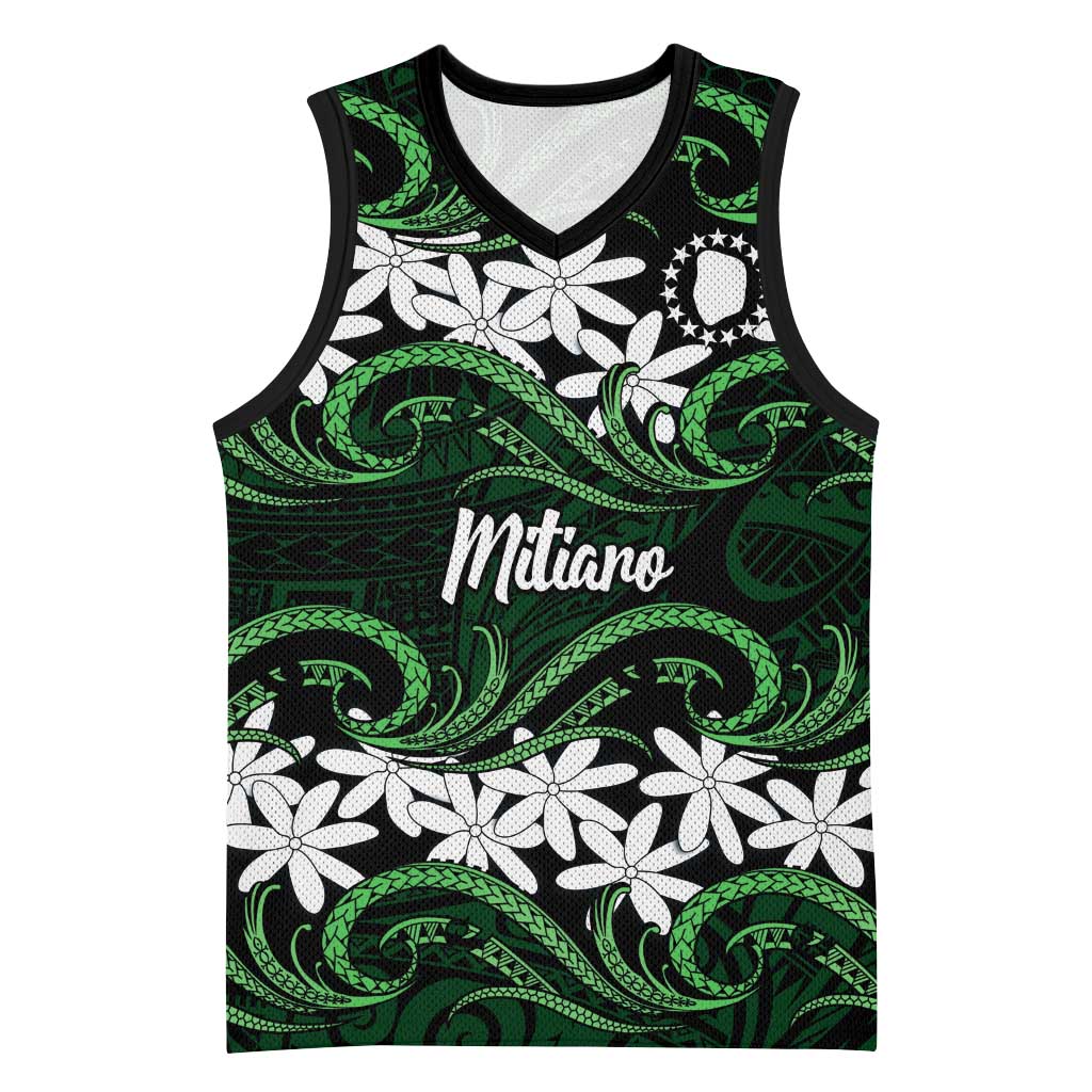 Personalised Cook Islands Mitiaro Basketball Jersey Tiare Maori Polynesian Waves Tattoo LT14 Unisex Green - Polynesian Pride