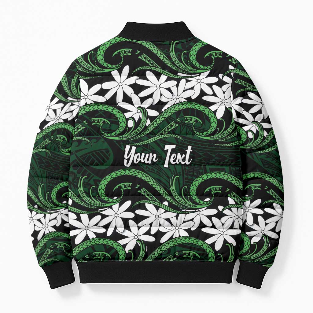 Personalised Cook Islands Mitiaro Bomber Puffer Jacket Tiare Maori Polynesian Waves Tattoo