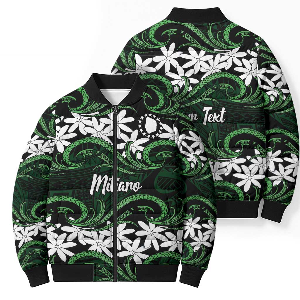 Personalised Cook Islands Mitiaro Bomber Puffer Jacket Tiare Maori Polynesian Waves Tattoo