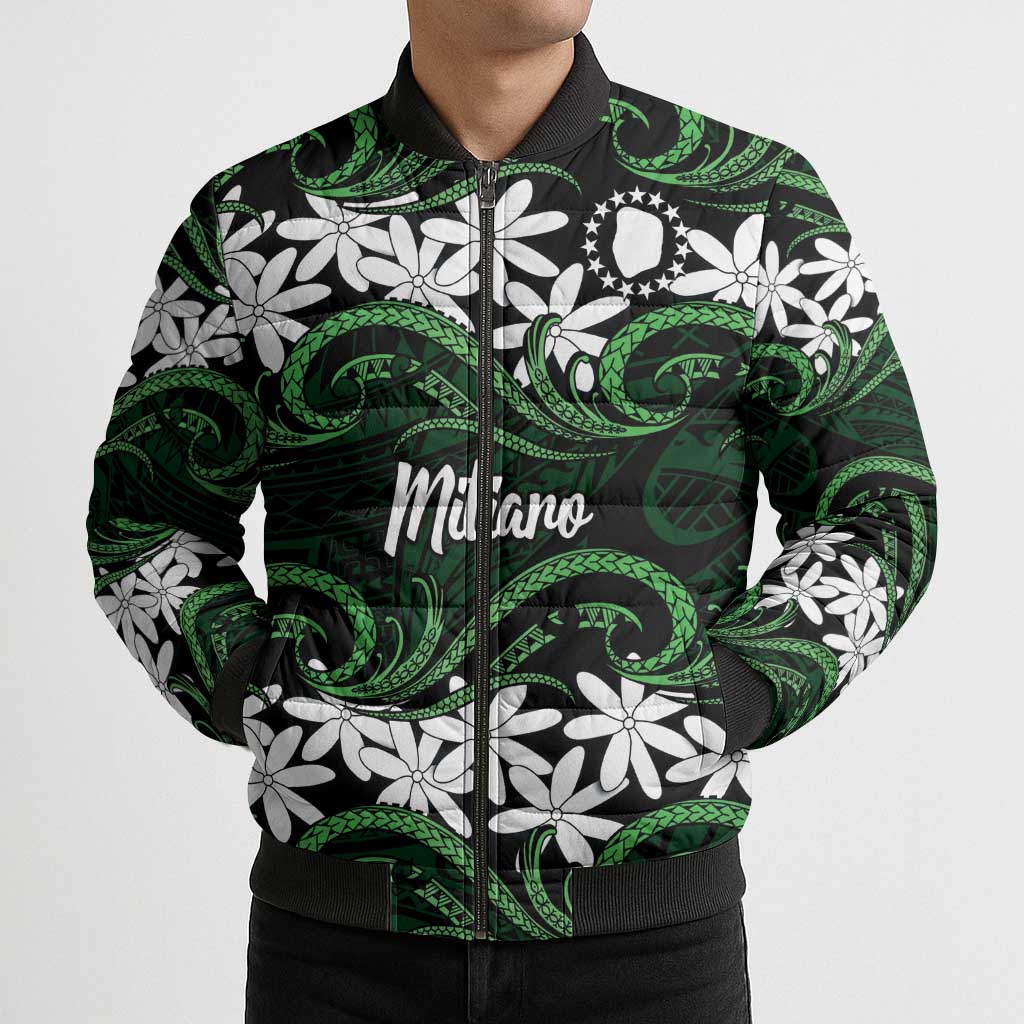 Personalised Cook Islands Mitiaro Bomber Puffer Jacket Tiare Maori Polynesian Waves Tattoo