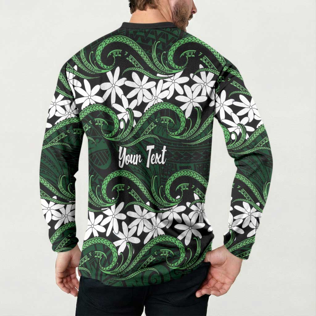 Personalised Cook Islands Mitiaro Button Sweatshirt Tiare Maori Polynesian Waves Tattoo