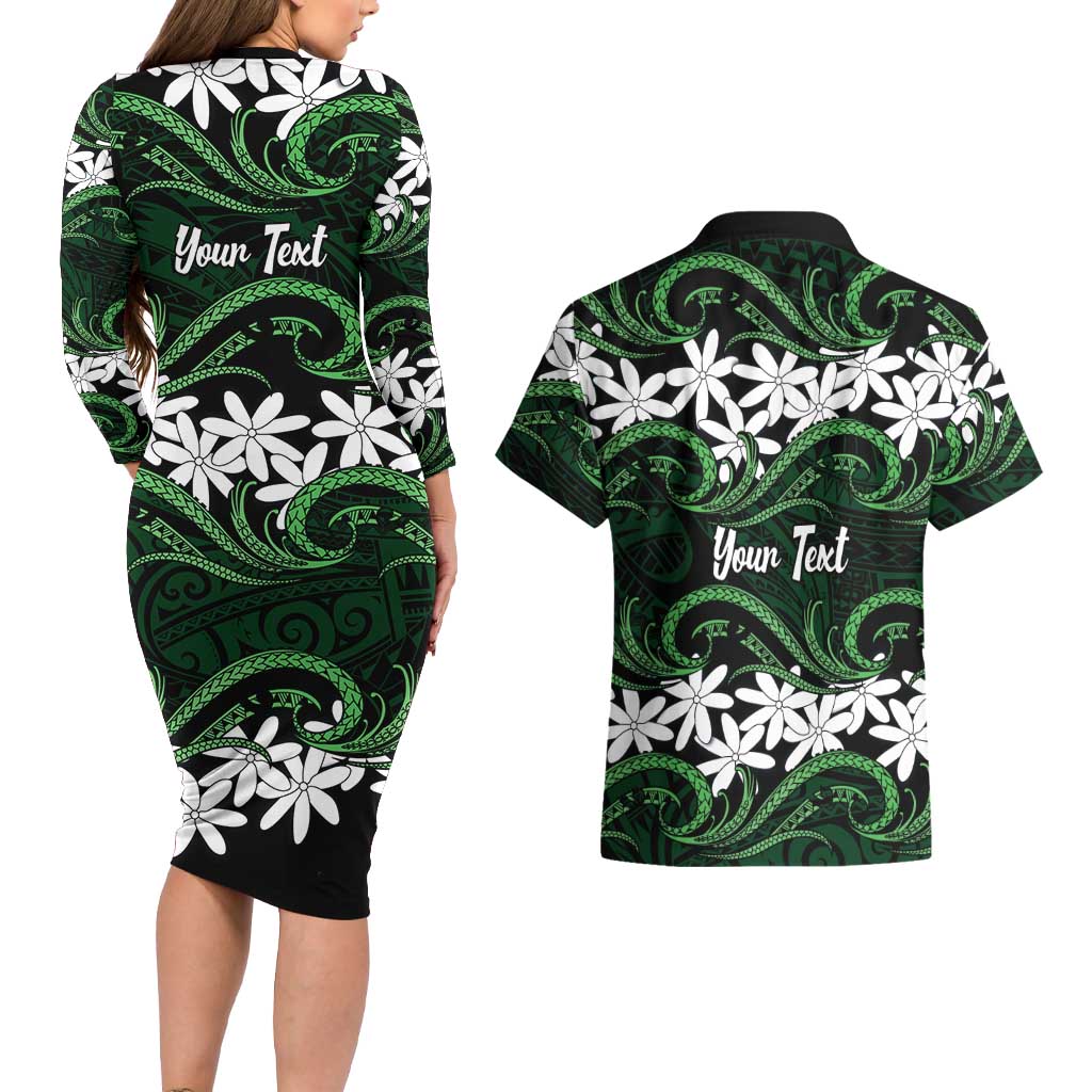 Personalised Cook Islands Mitiaro Couples Matching Long Sleeve Bodycon Dress and Hawaiian Shirt Tiare Maori Polynesian Waves Tattoo