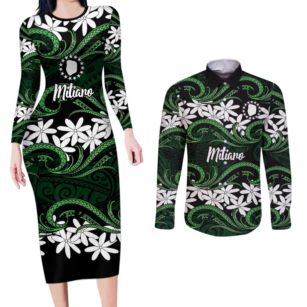 Personalised Cook Islands Mitiaro Couples Matching Long Sleeve Bodycon Dress and Long Sleeve Button Shirt Tiare Maori Polynesian Waves Tattoo LT14 Green - Polynesian Pride