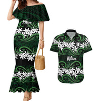 Personalised Cook Islands Mitiaro Couples Matching Mermaid Dress and Hawaiian Shirt Tiare Maori Polynesian Waves Tattoo LT14 Green - Polynesian Pride