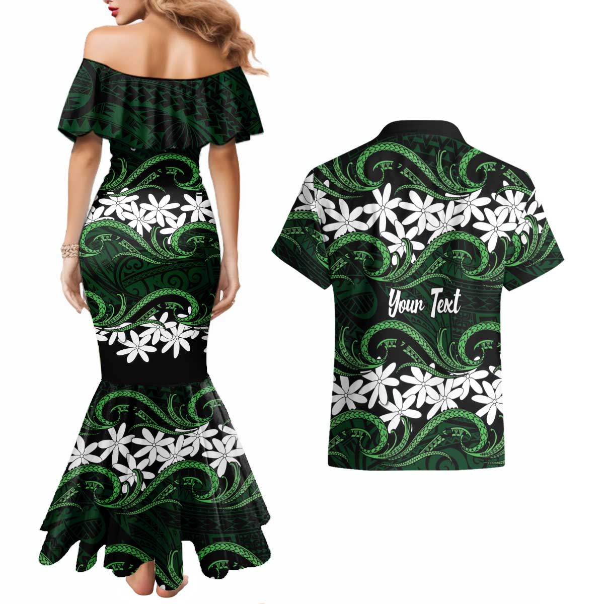 Personalised Cook Islands Mitiaro Couples Matching Mermaid Dress and Hawaiian Shirt Tiare Maori Polynesian Waves Tattoo LT14 - Polynesian Pride