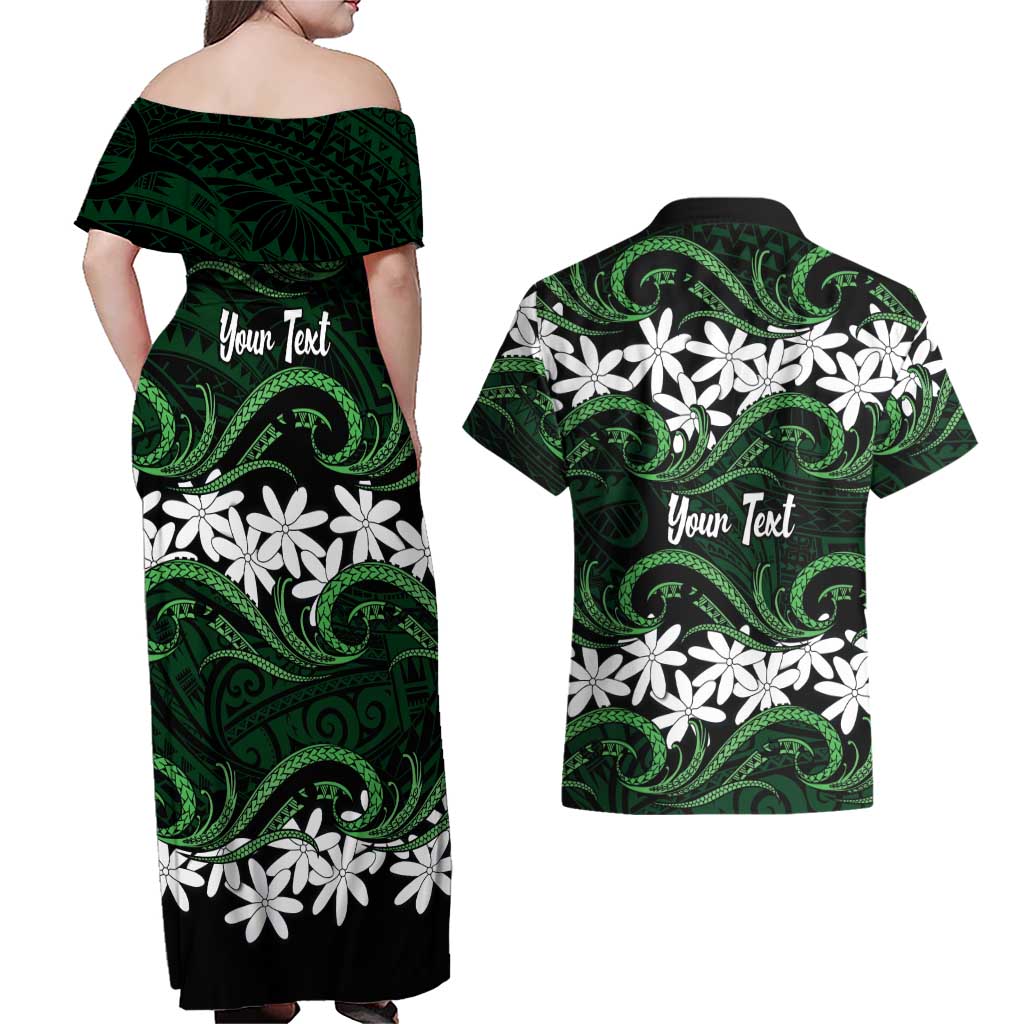 Personalised Cook Islands Mitiaro Couples Matching Off Shoulder Maxi Dress and Hawaiian Shirt Tiare Maori Polynesian Waves Tattoo LT14 - Polynesian Pride