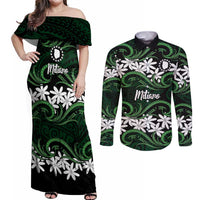 Personalised Cook Islands Mitiaro Couples Matching Off Shoulder Maxi Dress and Long Sleeve Button Shirt Tiare Maori Polynesian Waves Tattoo LT14 Green - Polynesian Pride