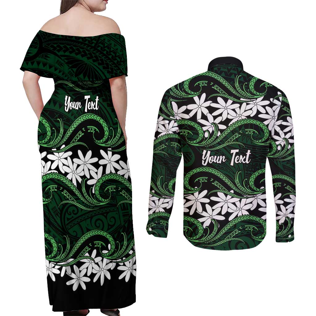 Personalised Cook Islands Mitiaro Couples Matching Off Shoulder Maxi Dress and Long Sleeve Button Shirt Tiare Maori Polynesian Waves Tattoo LT14 - Polynesian Pride