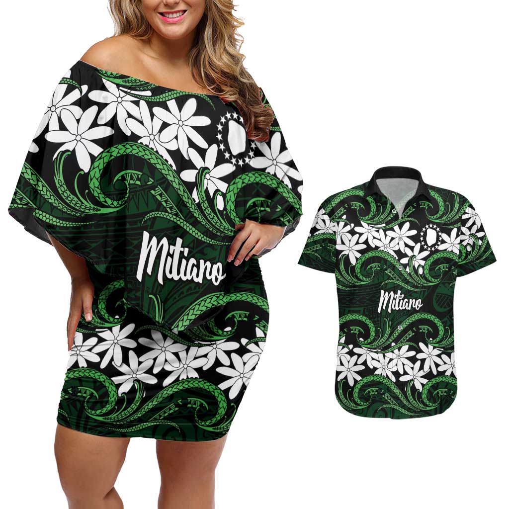 Personalised Cook Islands Mitiaro Couples Matching Off Shoulder Short Dress and Hawaiian Shirt Tiare Maori Polynesian Waves Tattoo LT14 Green - Polynesian Pride