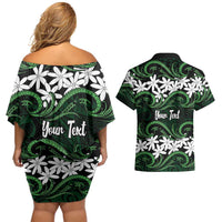 Personalised Cook Islands Mitiaro Couples Matching Off Shoulder Short Dress and Hawaiian Shirt Tiare Maori Polynesian Waves Tattoo LT14 - Polynesian Pride