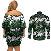 Personalised Cook Islands Mitiaro Couples Matching Off Shoulder Short Dress and Long Sleeve Button Shirt Tiare Maori Polynesian Waves Tattoo LT14 - Polynesian Pride