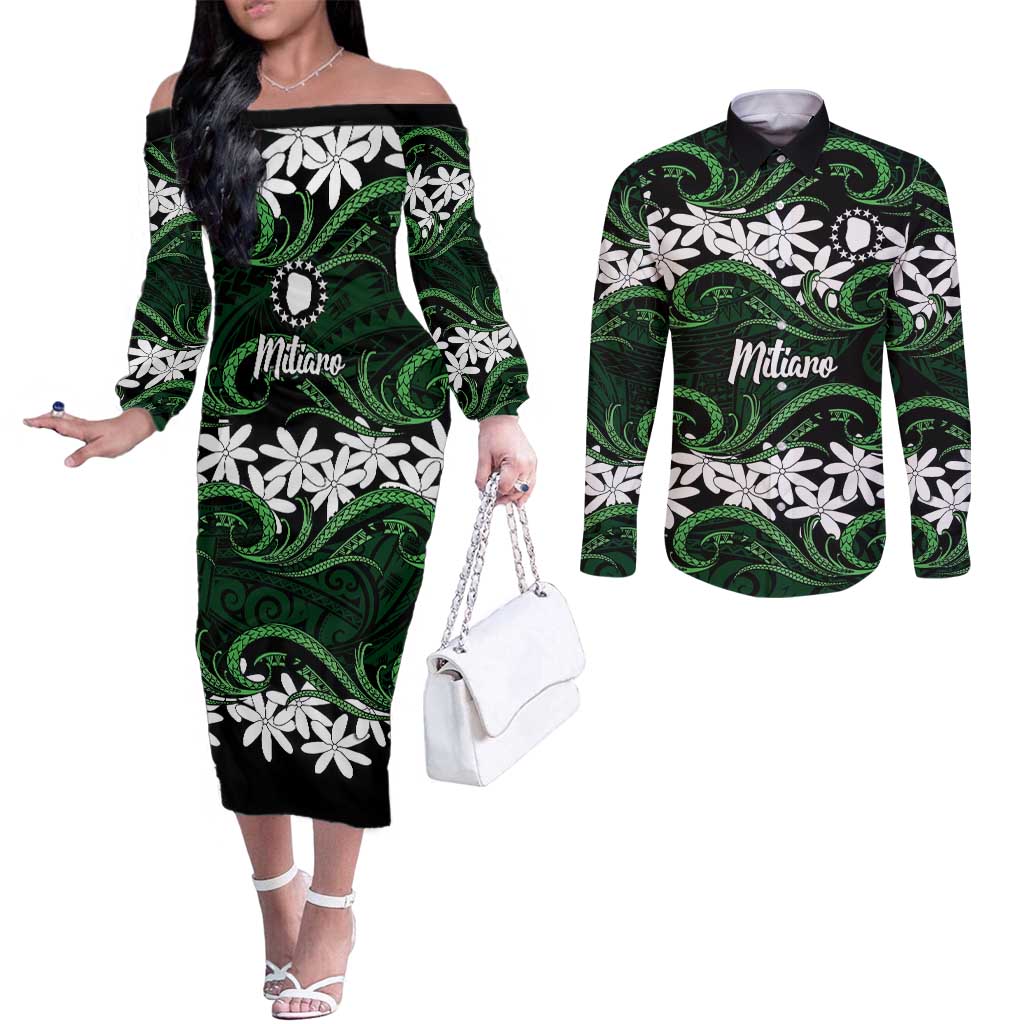 Personalised Cook Islands Mitiaro Couples Matching Off The Shoulder Long Sleeve Dress and Long Sleeve Button Shirt Tiare Maori Polynesian Waves Tattoo LT14 Green - Polynesian Pride