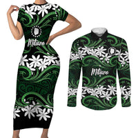 Personalised Cook Islands Mitiaro Couples Matching Short Sleeve Bodycon Dress and Long Sleeve Button Shirt Tiare Maori Polynesian Waves Tattoo LT14 Green - Polynesian Pride