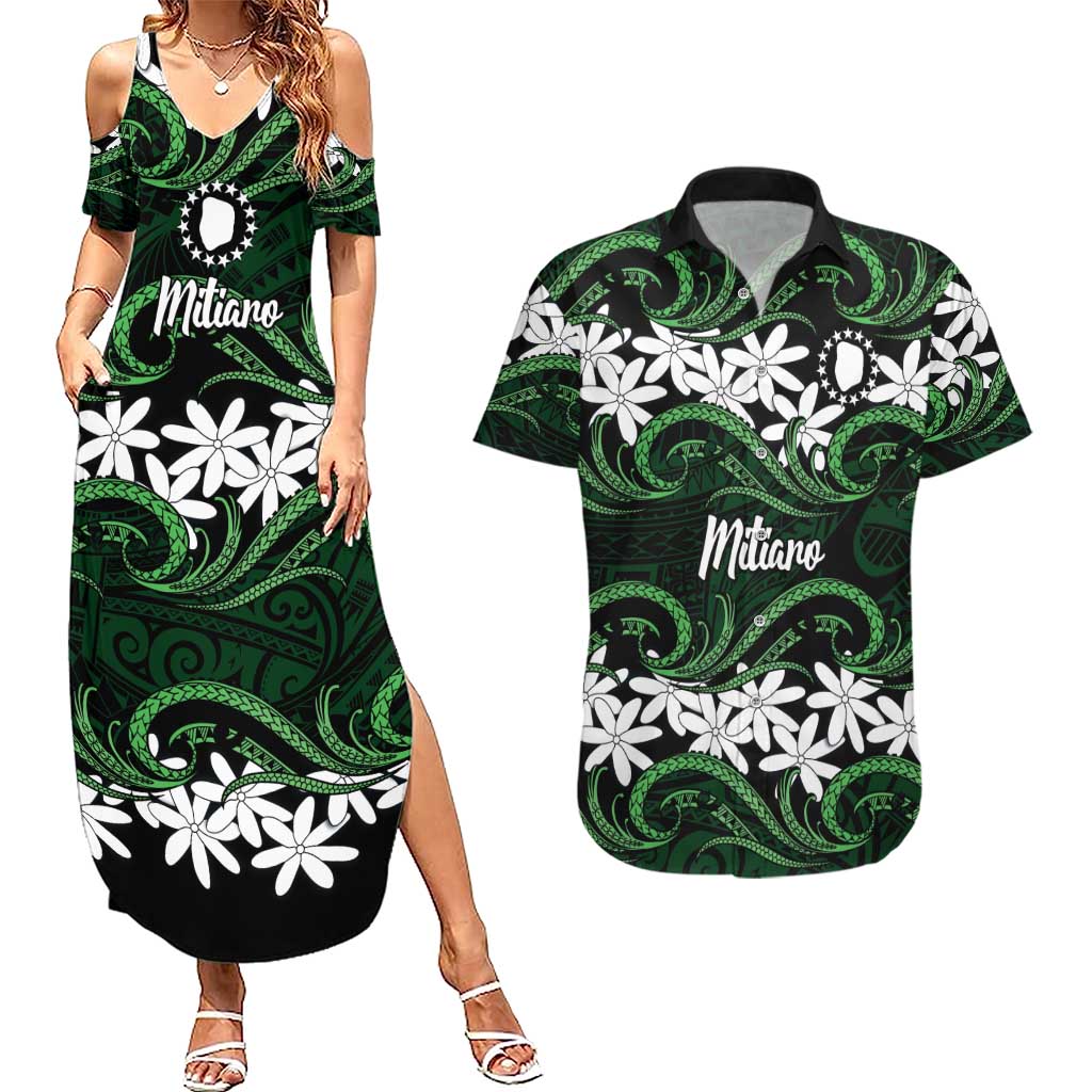 Personalised Cook Islands Mitiaro Couples Matching Summer Maxi Dress and Hawaiian Shirt Tiare Maori Polynesian Waves Tattoo LT14 Green - Polynesian Pride