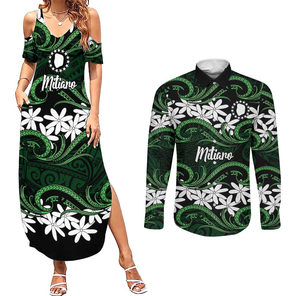 Personalised Cook Islands Mitiaro Couples Matching Summer Maxi Dress and Long Sleeve Button Shirt Tiare Maori Polynesian Waves Tattoo LT14 Green - Polynesian Pride