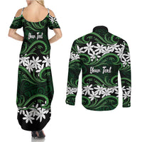 Personalised Cook Islands Mitiaro Couples Matching Summer Maxi Dress and Long Sleeve Button Shirt Tiare Maori Polynesian Waves Tattoo LT14 - Polynesian Pride