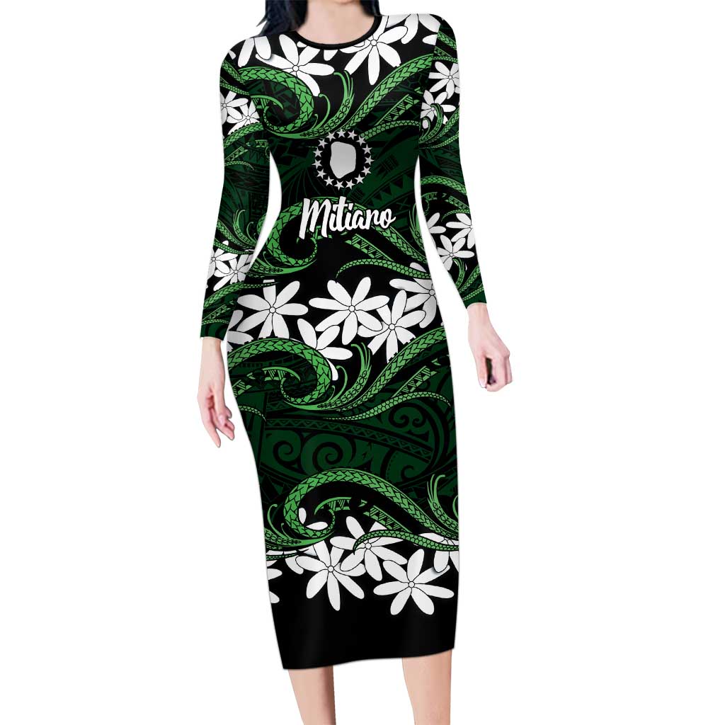 Personalised Cook Islands Mitiaro Family Matching Long Sleeve Bodycon Dress and Hawaiian Shirt Tiare Maori Polynesian Waves Tattoo LT14 Mom's Dress Green - Polynesian Pride