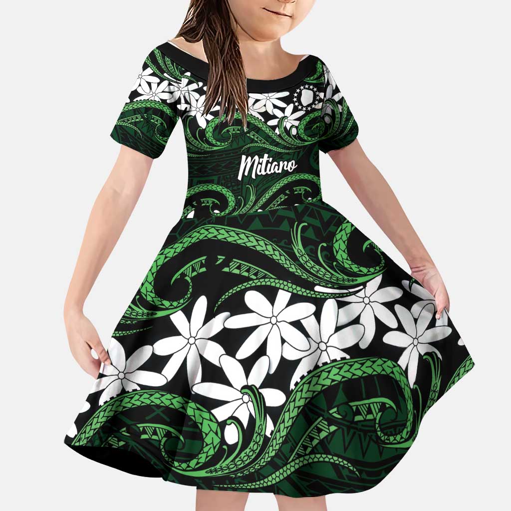 Personalised Cook Islands Mitiaro Family Matching Off The Shoulder Long Sleeve Dress and Hawaiian Shirt Tiare Maori Polynesian Waves Tattoo LT14 Daughter's Dress Green - Polynesian Pride
