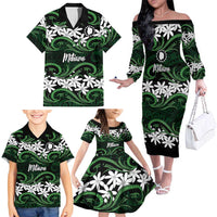 Personalised Cook Islands Mitiaro Family Matching Off The Shoulder Long Sleeve Dress and Hawaiian Shirt Tiare Maori Polynesian Waves Tattoo LT14 - Polynesian Pride