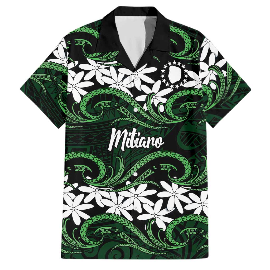 Personalised Cook Islands Mitiaro Family Matching Off The Shoulder Long Sleeve Dress and Hawaiian Shirt Tiare Maori Polynesian Waves Tattoo LT14 Dad's Shirt - Short Sleeve Green - Polynesian Pride