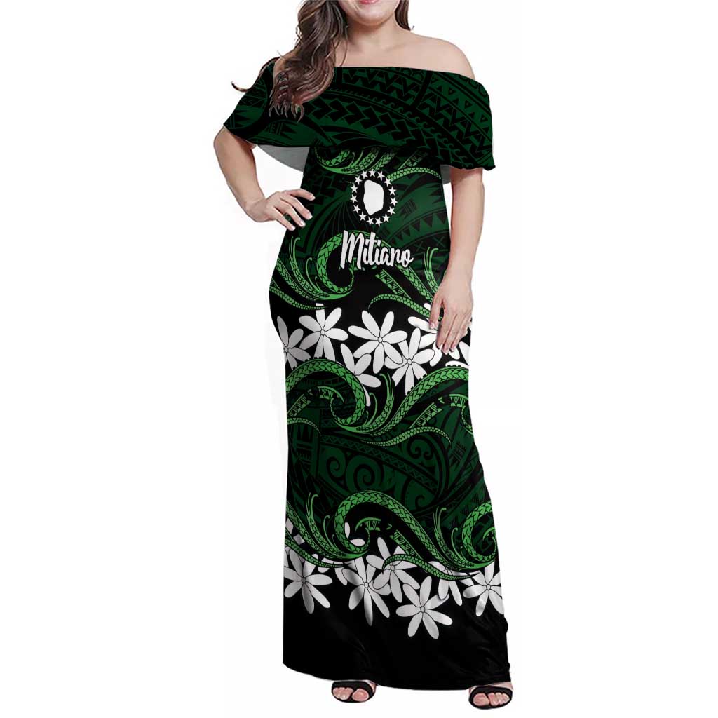 Personalised Cook Islands Mitiaro Family Matching Off Shoulder Maxi Dress and Hawaiian Shirt Tiare Maori Polynesian Waves Tattoo