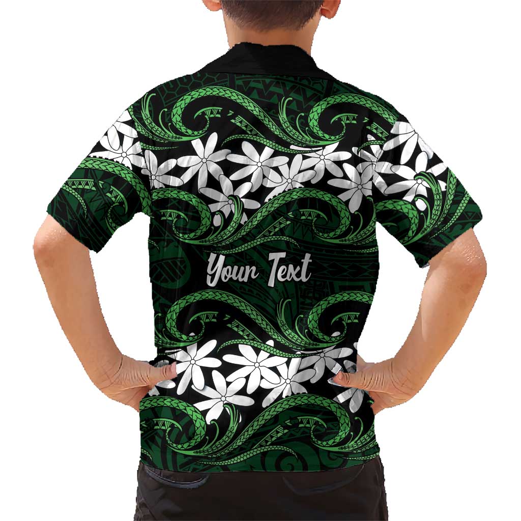 Personalised Cook Islands Mitiaro Family Matching Off Shoulder Short Dress and Hawaiian Shirt Tiare Maori Polynesian Waves Tattoo